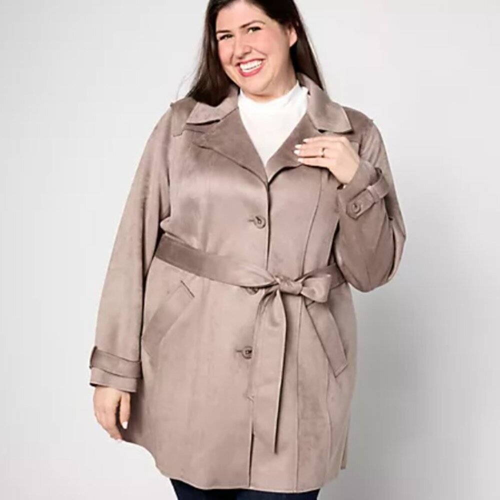 Isaac Mizrahi Live! Scuba Suede Trench with Stitching Detail Driftwood Sz 3X